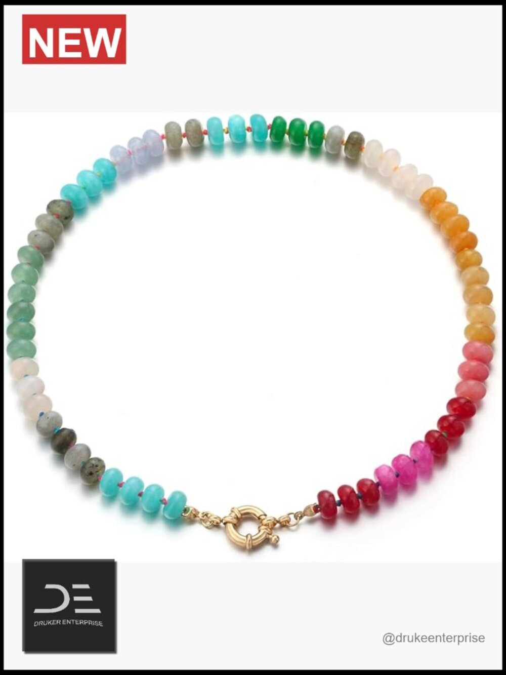 Handmade Rainbow Natural Stone Beaded Choker Necklace Gold Plated Lobster Clasp